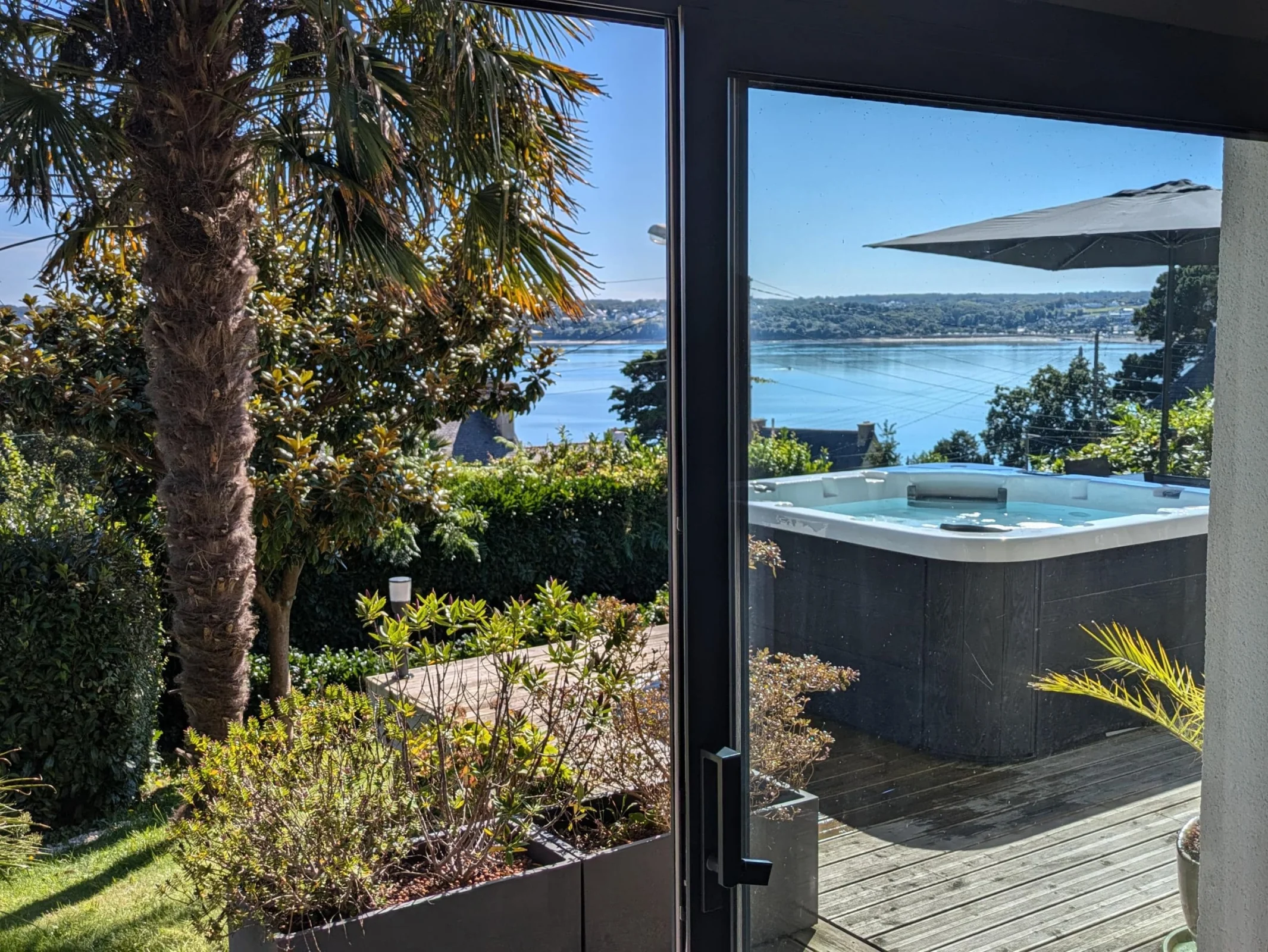 Depuis le séjour : le palmier, le jacuzzi et la mer